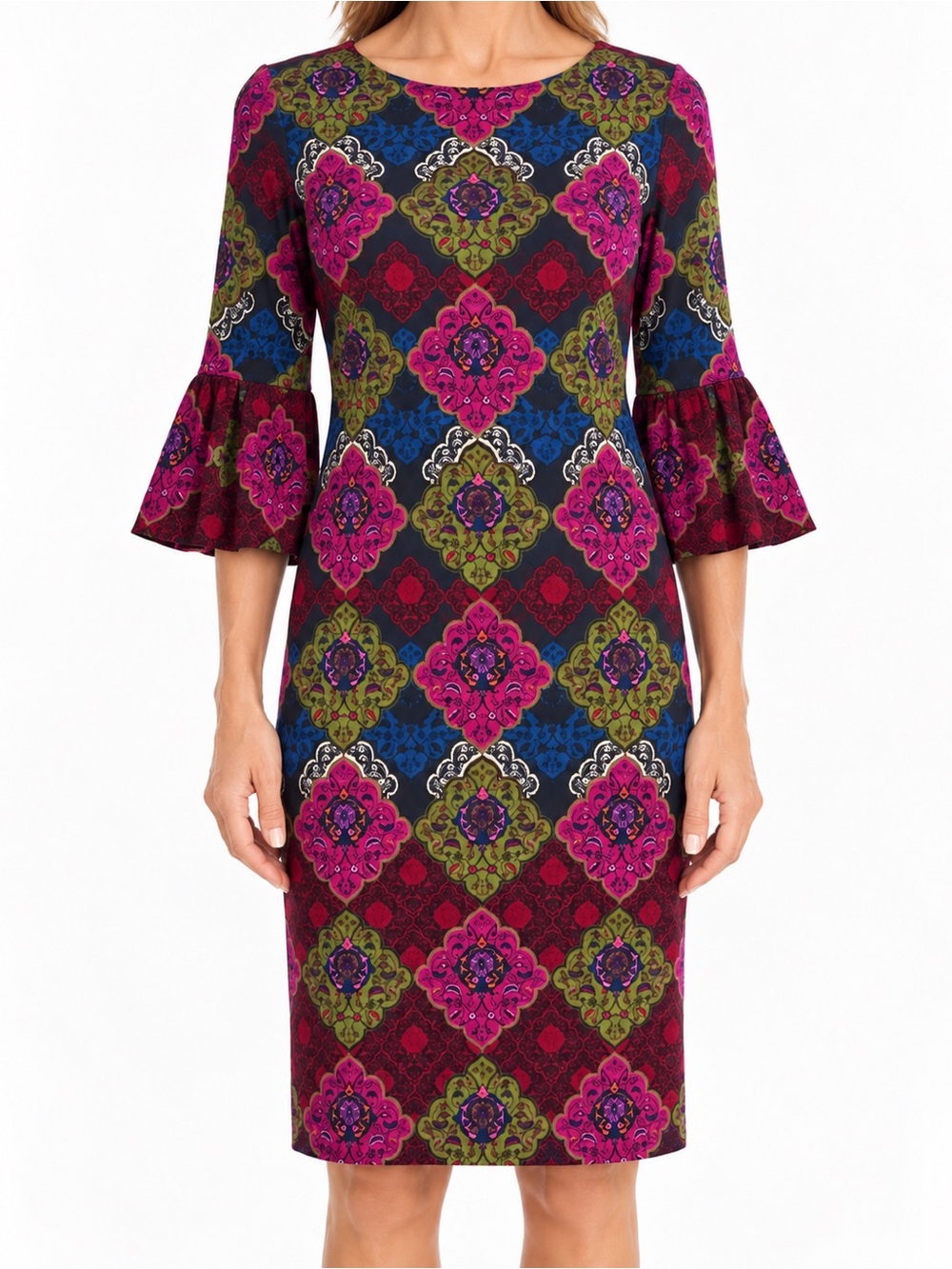 Chico’s Medallion Print Bell Sleeve Shift Dress Size 0 Boho Jewel Tone